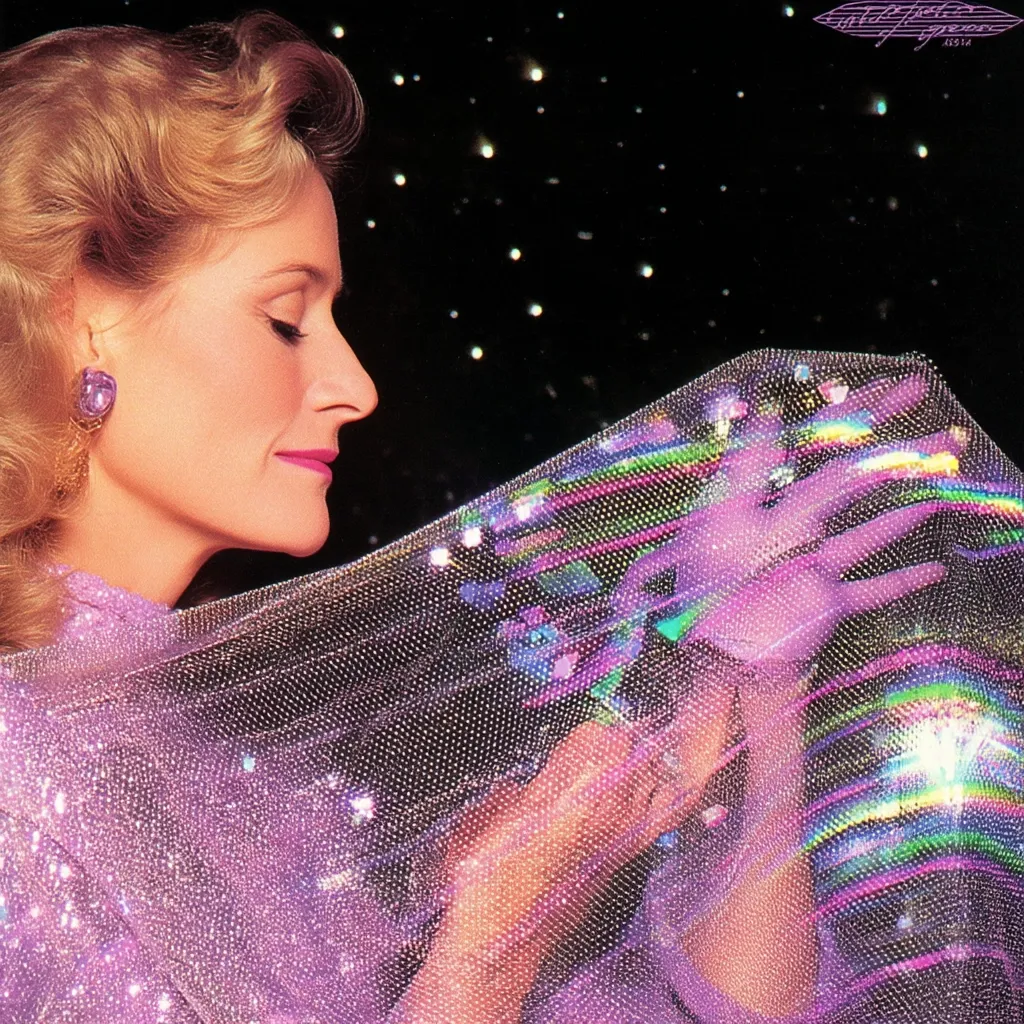 A woman with blonde, styled hair and a purple earring is shown in profile, gently interacting with a shimmering, iridescent purple fabric. The fabric seems to drape around her like a veil, showing rainbow-like reflections.  The background is dark, speckled with tiny lights, enhancing the ethereal quality of the image. The overall mood is elegant and mysterious, suggestive of a futuristic or fantasy setting.