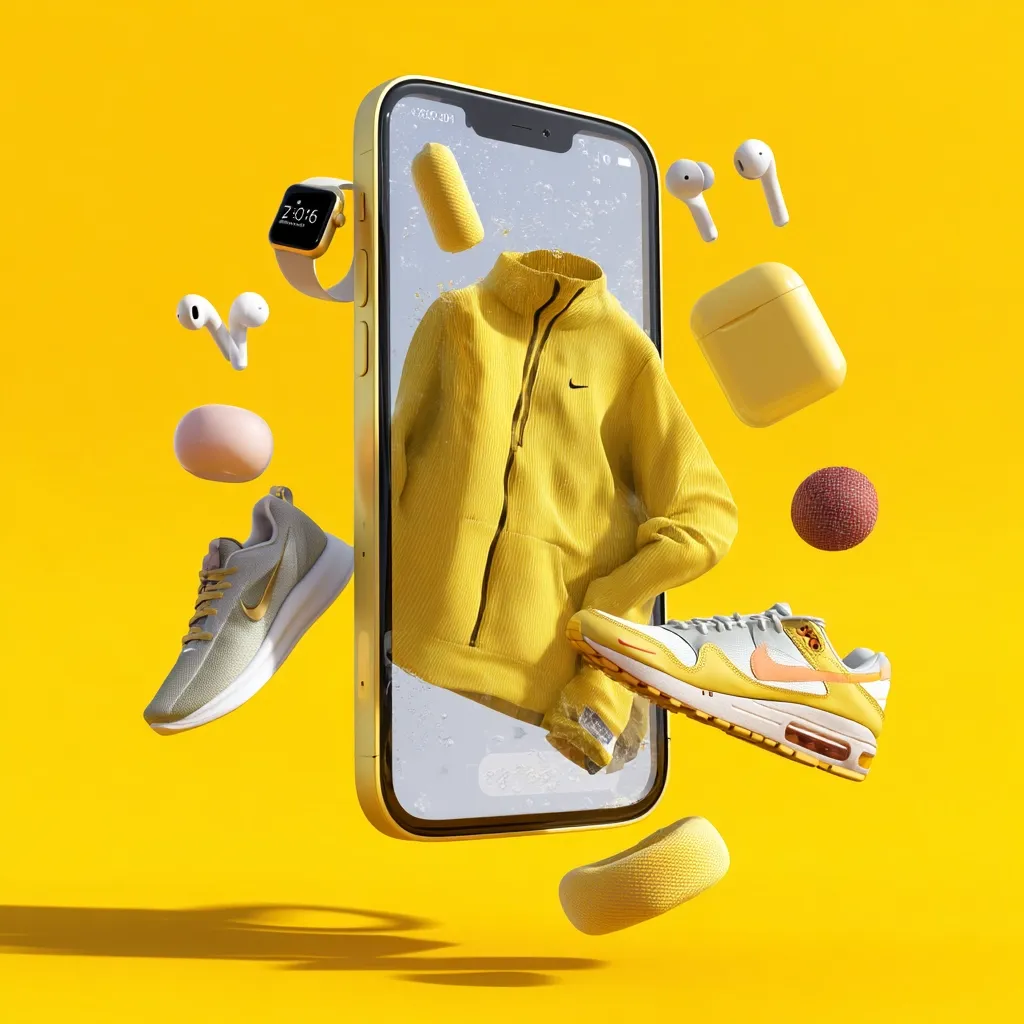 A gold smartphone floats against a vibrant yellow background, showcasing various athletic wear and accessories.  A yellow Nike zip-up jacket is prominently displayed on the screen, surrounded by floating sneakers, earbuds, a smartwatch, and other fitness-related items. The overall image suggests online shopping or a fitness-themed advertisement.  The color scheme is consistent and visually striking.