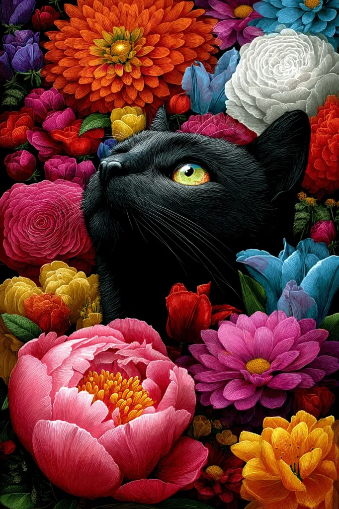 A black cat with striking green eyes gazes upward, nestled amidst a vibrant profusion of flowers.  The image is richly detailed, showcasing a variety of blossoms in intense hues of pink, red, orange, yellow, and purple.  The cat's dark fur contrasts beautifully with the bright colors, creating a captivating visual interplay of light and shadow.  The overall effect is one of lush beauty and quiet contemplation.