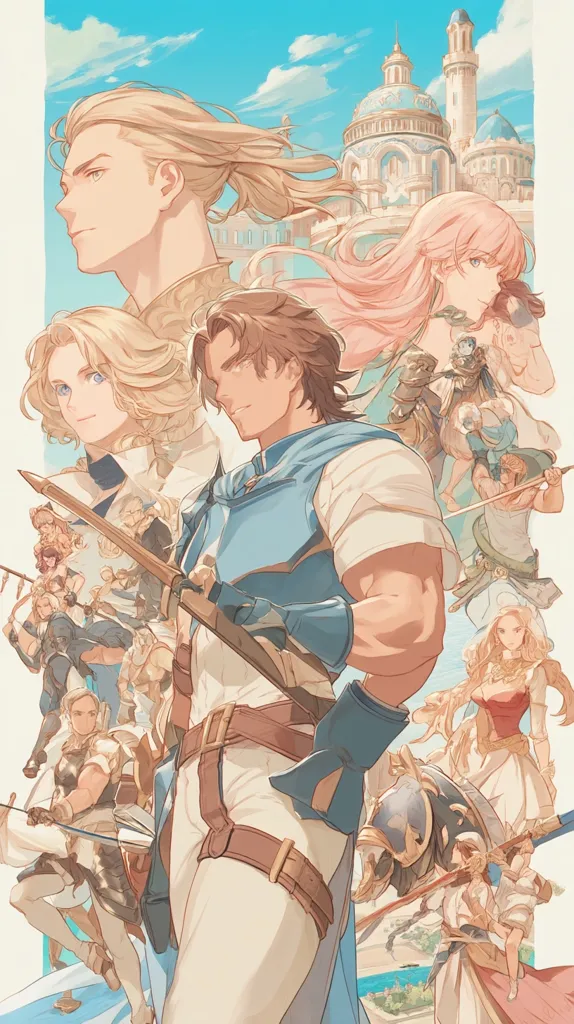 A vibrant illustration showcases a diverse group of stylized characters, possibly from a fantasy game or anime.  A central male figure, muscular and clad in blue and beige attire, holds a long weapon.  Surrounding him are other characters, male and female, with varied hair colors and outfits, suggesting a team or party. A grand, light-blue domed building forms the backdrop, hinting at a rich, possibly Mediterranean-inspired setting. The overall style is soft and painterly, with a warm color palette.