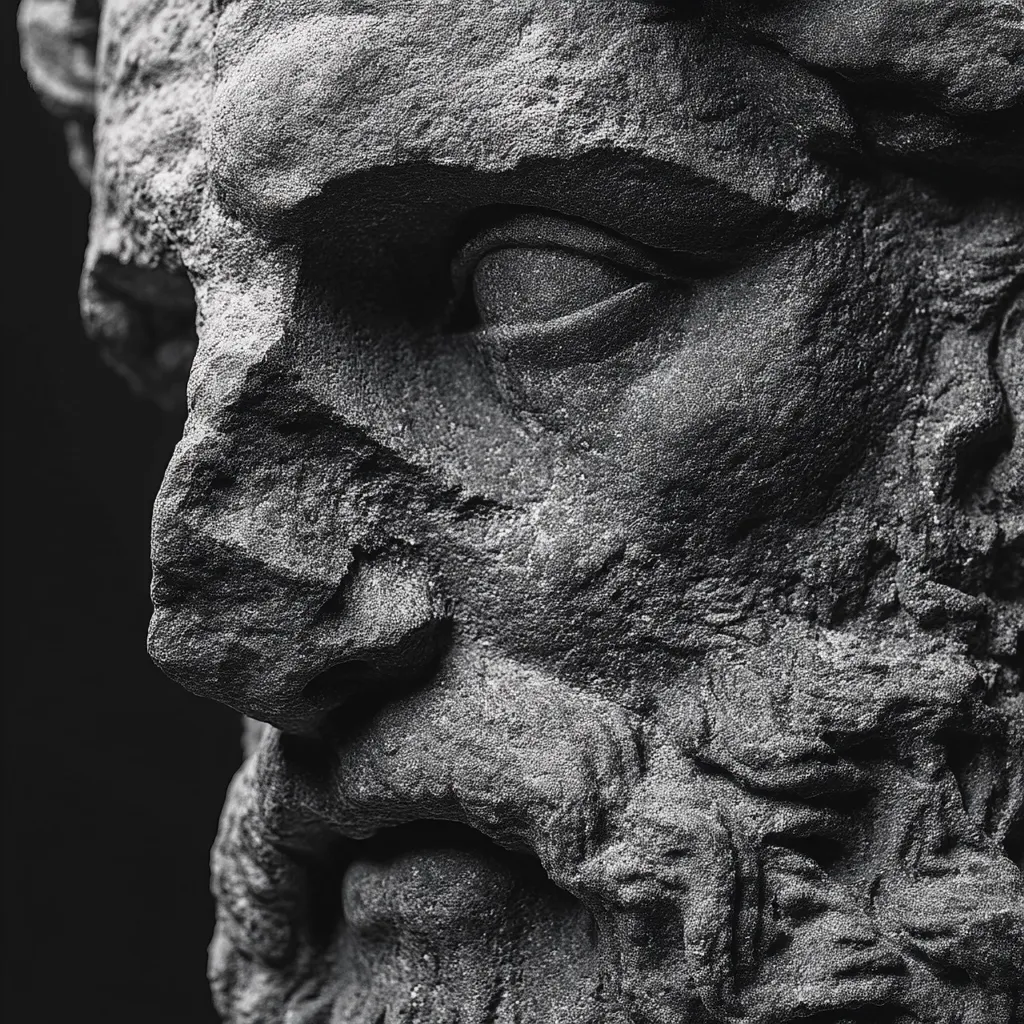 A close-up black and white image reveals a weathered stone sculpture, possibly depicting a classical figure.  The focus is on the eye and nose, showing the texture and wear of the stone.  Deep crevices and rough surfaces suggest age and erosion, adding to the sculpture's dramatic effect. The partially visible beard and the shadowed areas heighten the sense of antiquity and mystery.