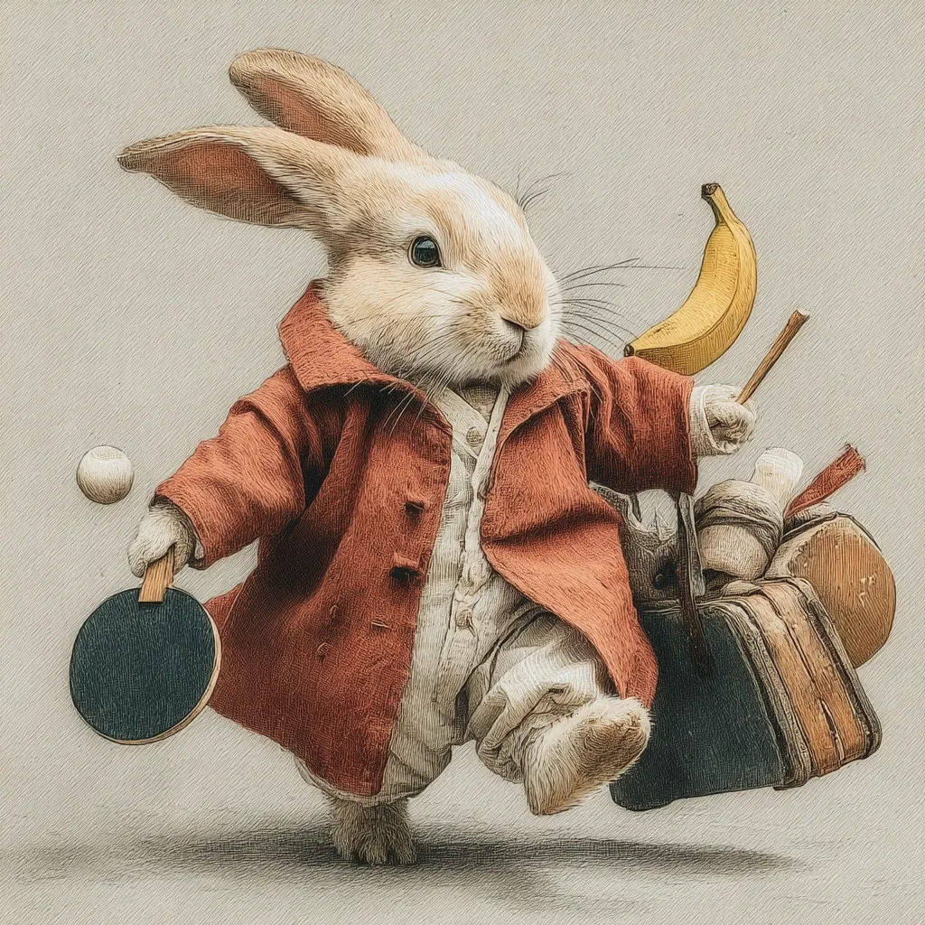 A whimsical illustration depicts a light brown rabbit, dressed in a rust-colored coat and cream-colored pants, dynamically mid-stride.  It carries a ping pong paddle and a ball, a banana in one hand, and a worn suitcase in tow.  The style evokes vintage children's book illustrations, with a textured, almost sketched effect. The overall impression is one of playful adventure.