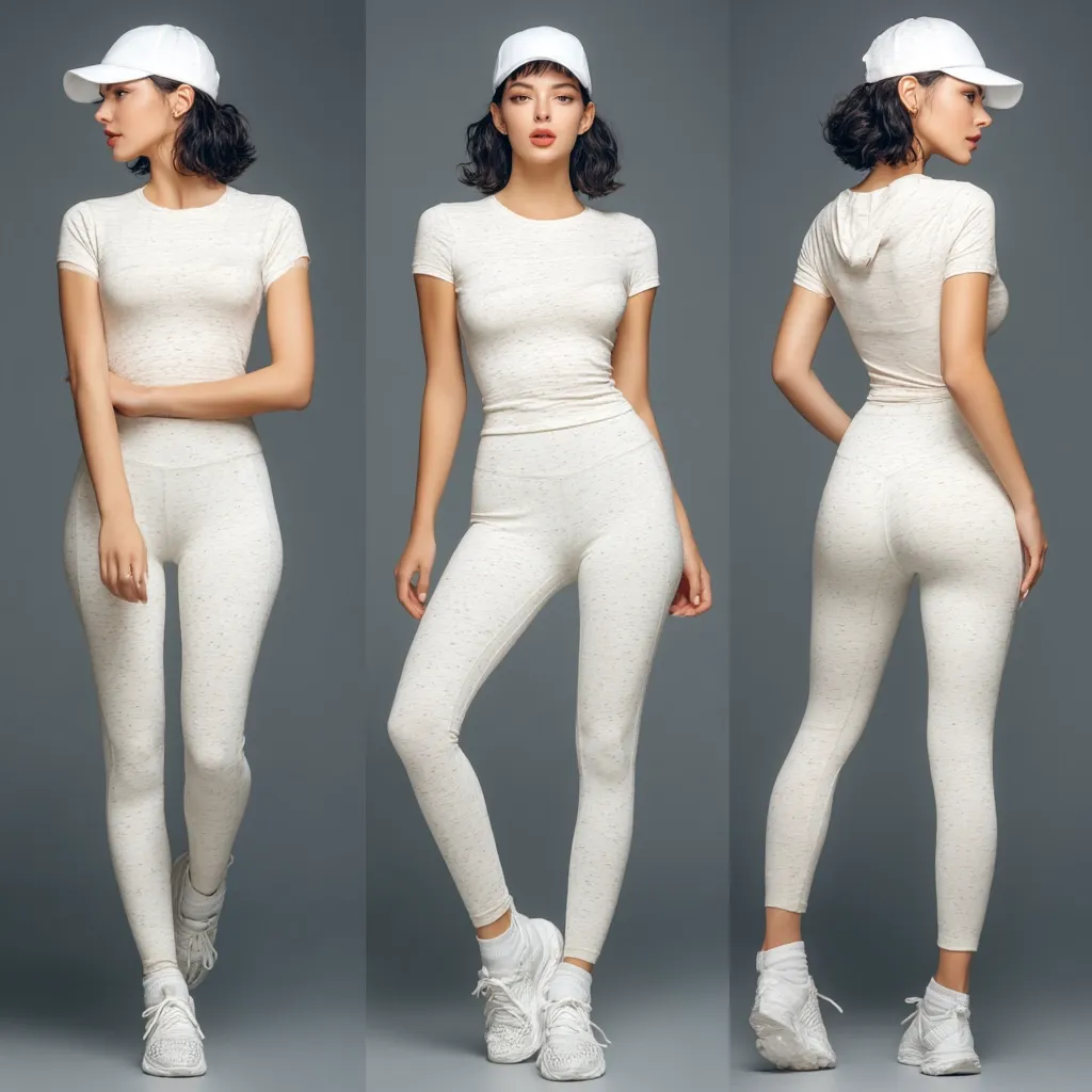 A woman models a cream-colored athletic outfit.  The three-quarter-length image shows her from the front, side, and back. The outfit consists of a fitted short-sleeved top and leggings, paired with a white baseball cap and white sneakers. The fabric has a subtle speckled texture.  The model has dark shoulder-length hair.