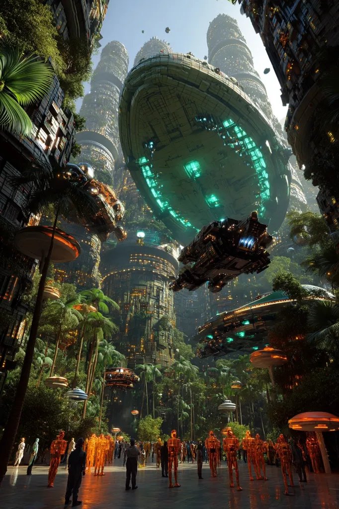 A futuristic city thrives amidst lush vegetation, with towering, interconnected buildings forming a dense urban jungle.  Several large, disc-shaped spacecraft hover in the air, casting shadows on the vibrant scene below.  People, some appearing robotic in golden suits, gather in a plaza, creating a unique blend of nature and advanced technology.  The overall atmosphere is one of both bustling activity and serene coexistence between humans and advanced technology in a densely populated, yet organically integrated environment.