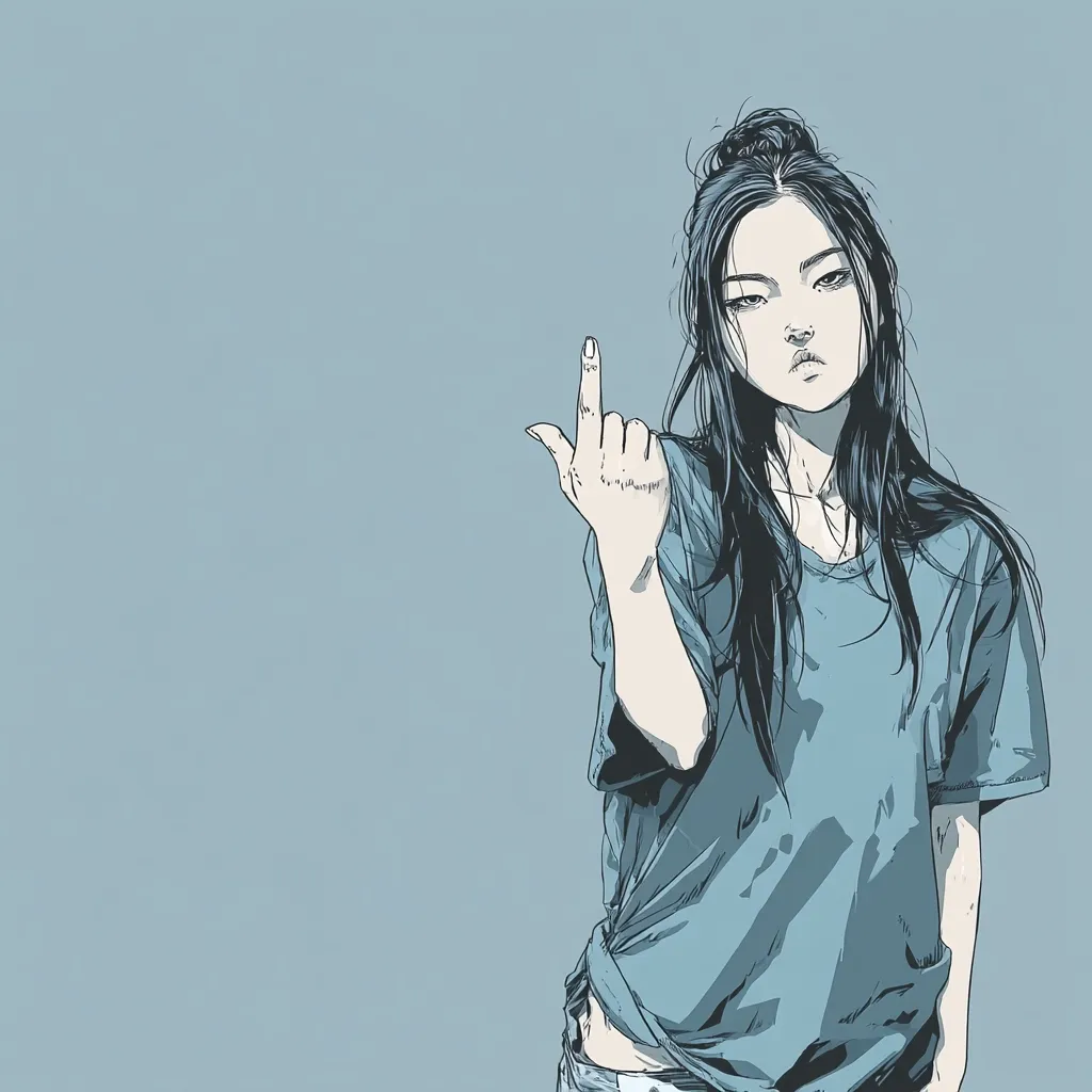 A stylized illustration of a young woman with dark hair pulled back in a loose bun. She's wearing a loose, teal t-shirt and is giving the viewer the "rock on" hand gesture. Her expression is serious and slightly defiant. The artwork is monochromatic in shades of blue-grey, creating a cool and somewhat moody atmosphere.  The style is reminiscent of graphic novel art, with visible linework and shading.