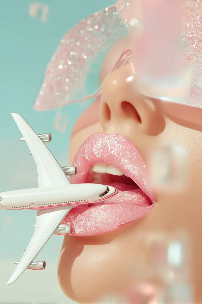 A close-up shot depicts a woman's lips, adorned with pink glitter lipstick, playfully holding a miniature airplane on her tongue.  She wears large, sparkly pink glasses, adding to the whimsical, travel-themed aesthetic. The background is a soft, pastel blue, enhancing the overall dreamy and fun mood of the image.