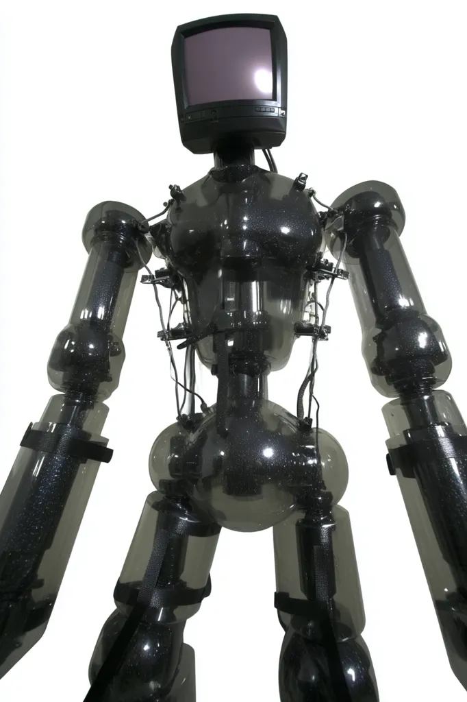 A robot-like figure constructed from translucent, dark-grey plastic bottles and a small, older television set for a head.  The body is segmented, with visible wires and straps connecting the various parts.  The overall effect is one of a quirky, repurposed sculpture with a slightly unsettling aesthetic. The background is pure white, highlighting the object.