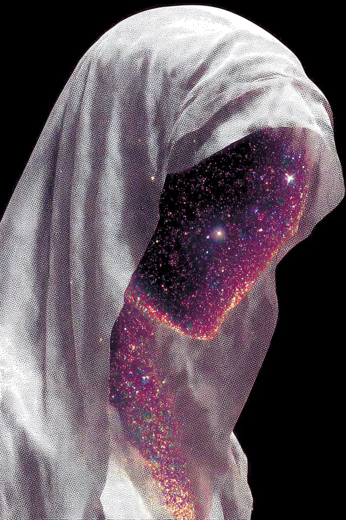 A stylized image depicts a figure shrouded in a flowing, translucent white hood.  The hood's fabric appears textured, almost like a fine mesh.  Beneath, a face is revealed, not of flesh, but of a vibrant nebula, swirling with cosmic colors and sparkling stars. The contrast between the sheer fabric and the intensely colorful cosmos creates a mystical and ethereal effect.