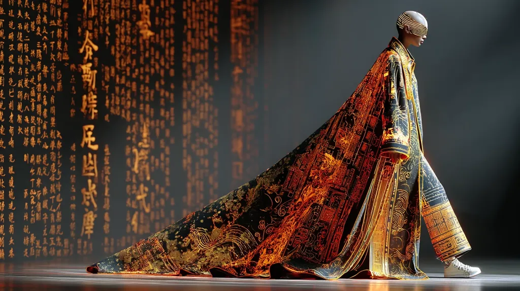 A bald model, wearing a futuristic, long, flowing robe adorned with intricate golden circuitry patterns, strides confidently.  The robe's design incorporates elements reminiscent of ancient calligraphy or writing, creating a striking blend of old and new. The backdrop features a wall of glowing, ancient-looking text, enhancing the mystical and technological atmosphere. The overall aesthetic is both elegant and technologically advanced.