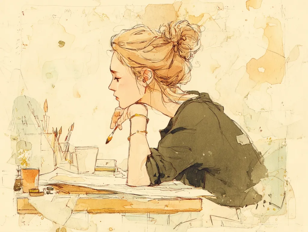 A watercolor painting depicts a young woman with blonde hair in a bun, seated at a table.  She rests her chin on her hand, gazing thoughtfully at a paintbrush held in her fingers.  Paintbrushes and other art supplies are scattered on the table, suggesting an artist at work or in contemplation. The style is loose and expressive, with soft colors and a slightly blurred background.  The overall mood is serene and introspective.