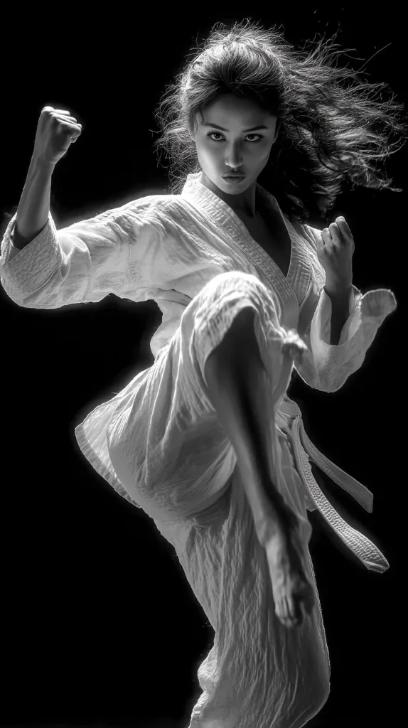 A young woman in a white karate gi executes a powerful kick, her hair flowing dynamically.  The monochrome image emphasizes the intensity of her focused expression and the dynamic motion of her martial arts technique.  The dark background isolates the figure, highlighting her strength and grace.  The photograph captures a moment of focused power and disciplined movement.