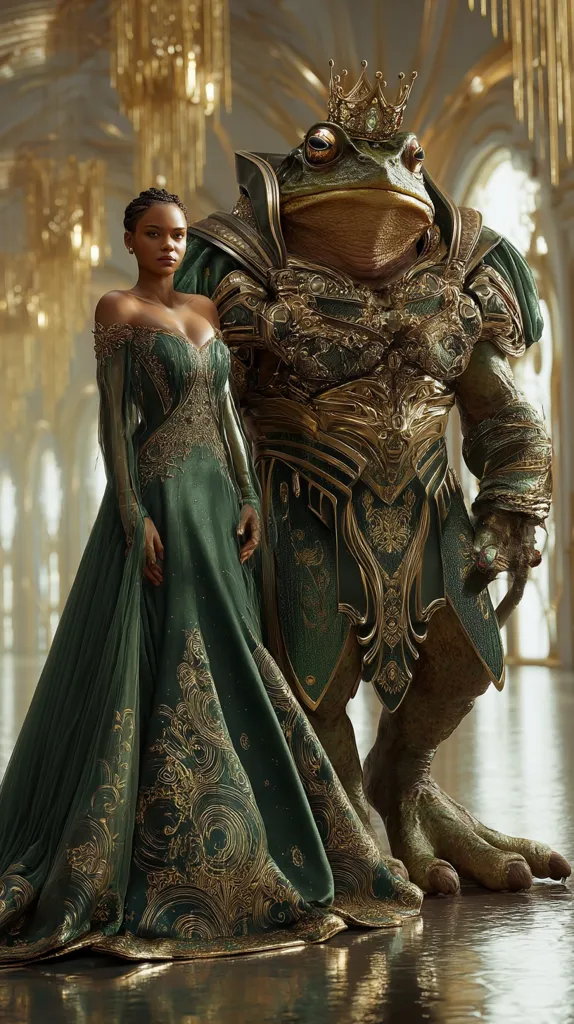 A regal Black woman in an emerald green gown adorned with gold embroidery stands beside a crowned frog king in ornate golden armor.  The scene is set within a grand, opulent ballroom with shimmering chandeliers and marble floors. The woman's pose is elegant and poised, contrasting with the frog king's imposing stature.  The overall atmosphere is one of fantasy and regal power.