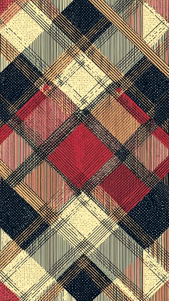 The image showcases a complex geometric pattern resembling a plaid or tartan design.  Intersecting lines create a series of diamond shapes in varying shades of red, beige, black, and gray.  The lines have a textured, almost hand-drawn quality, adding depth and visual interest to the repeating pattern.  A subtle stippled texture is present throughout, enhancing the overall vintage or retro aesthetic.