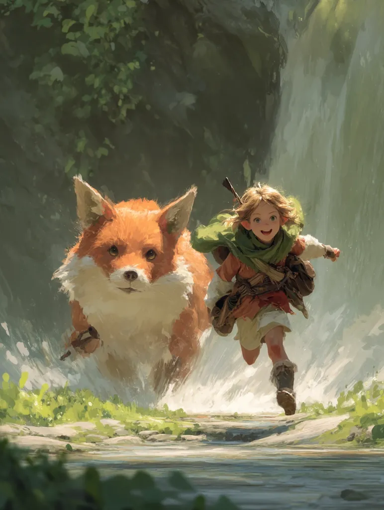 A young, fair-haired child runs beside a large, fluffy orange fox near a waterfall.  The child wears a green cloak and carries a satchel. The fox appears friendly and is running with the child. Lush green foliage and a cascading waterfall form the background, creating a whimsical, adventurous scene. The style is painterly and evokes a sense of fantasy.