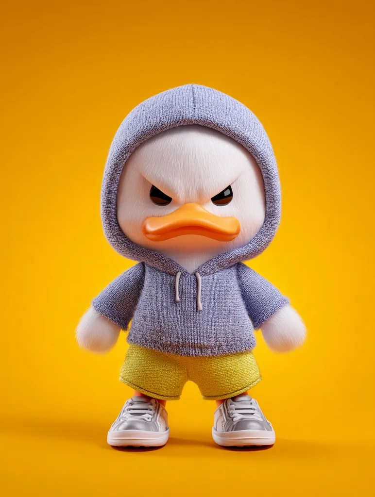 A 3D-rendered image shows an angry-looking duckling.  The duckling is wearing a light purple hoodie, yellow shorts, and grey sneakers. Its expression is fierce, with furrowed brows and a determined stance. The background is a solid, vibrant yellow, contrasting with the duckling's clothing. The overall style is cute but with a slightly grumpy edge.