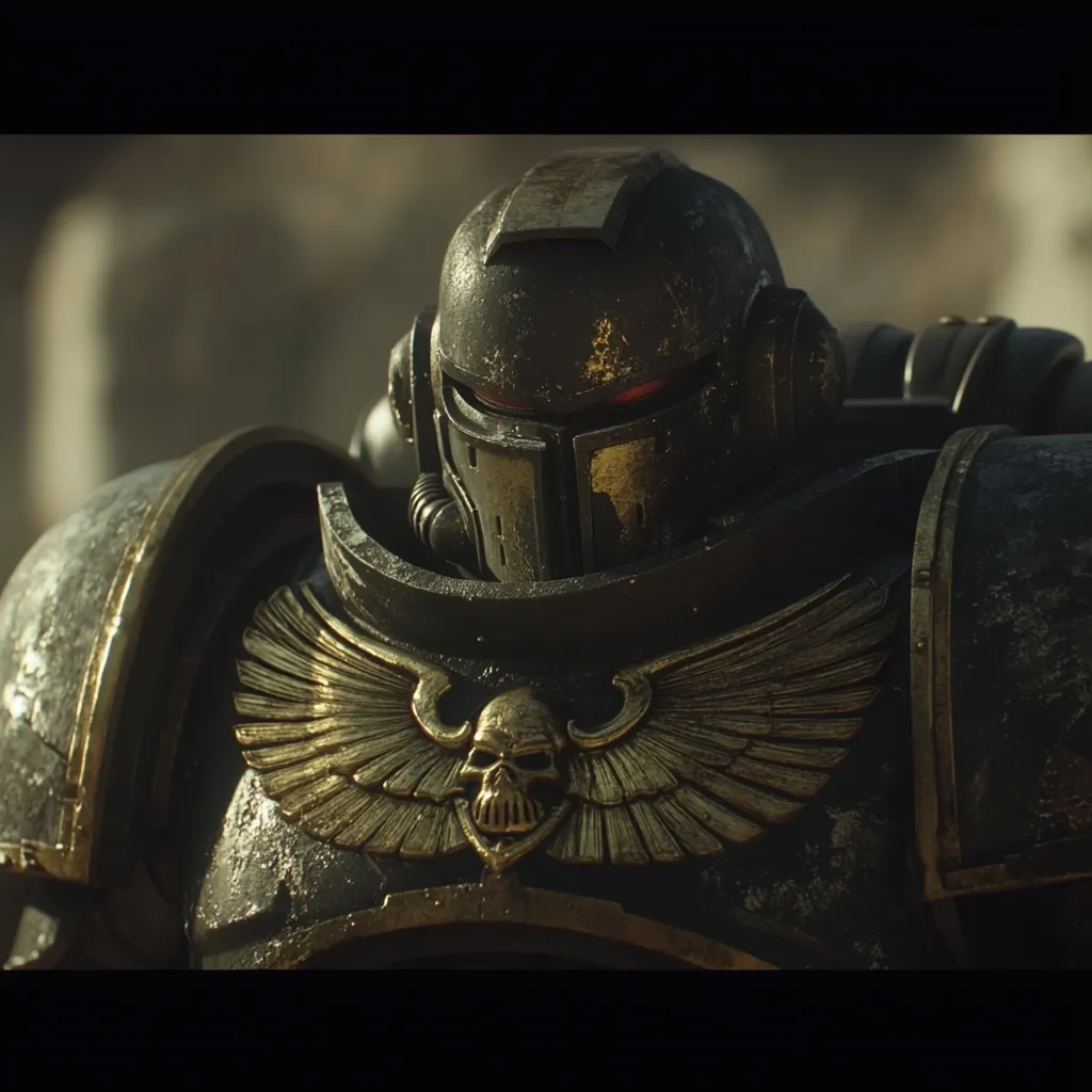 A close-up shot reveals a weathered Space Marine, his power armor a mix of dark, battle-worn black and gold detailing.  The chest bears the iconic symbol of the Imperium, a skull within golden wings.  The helmet, with its red glow, hints at a powerful internal technology.  The overall impression is one of grim determination and readiness for combat.  The background is blurred, emphasizing the figure's imposing presence.