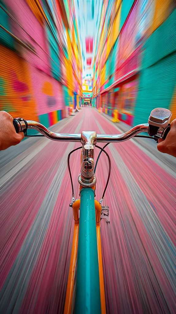 A first-person perspective of cycling down a vibrant, colorful alleyway.  The walls are painted in streaks of pink, teal, orange, and yellow, creating a blurred effect due to motion. The bicycle's handlebars are firmly gripped, suggesting speed. The overall image is dynamic and energetic, highlighting the interplay of movement and color.