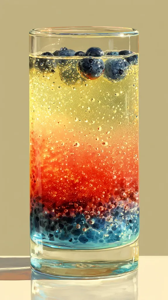 A tall glass is filled with a layered, bubbly beverage.  The top layer is a pale yellow, followed by a vibrant orange, and finally a deep blue at the bottom.  Fresh blueberries float on the surface.  The drink's layered effect and effervescence create a visually appealing, almost tri-color effect. The glass sits on a reflective surface.