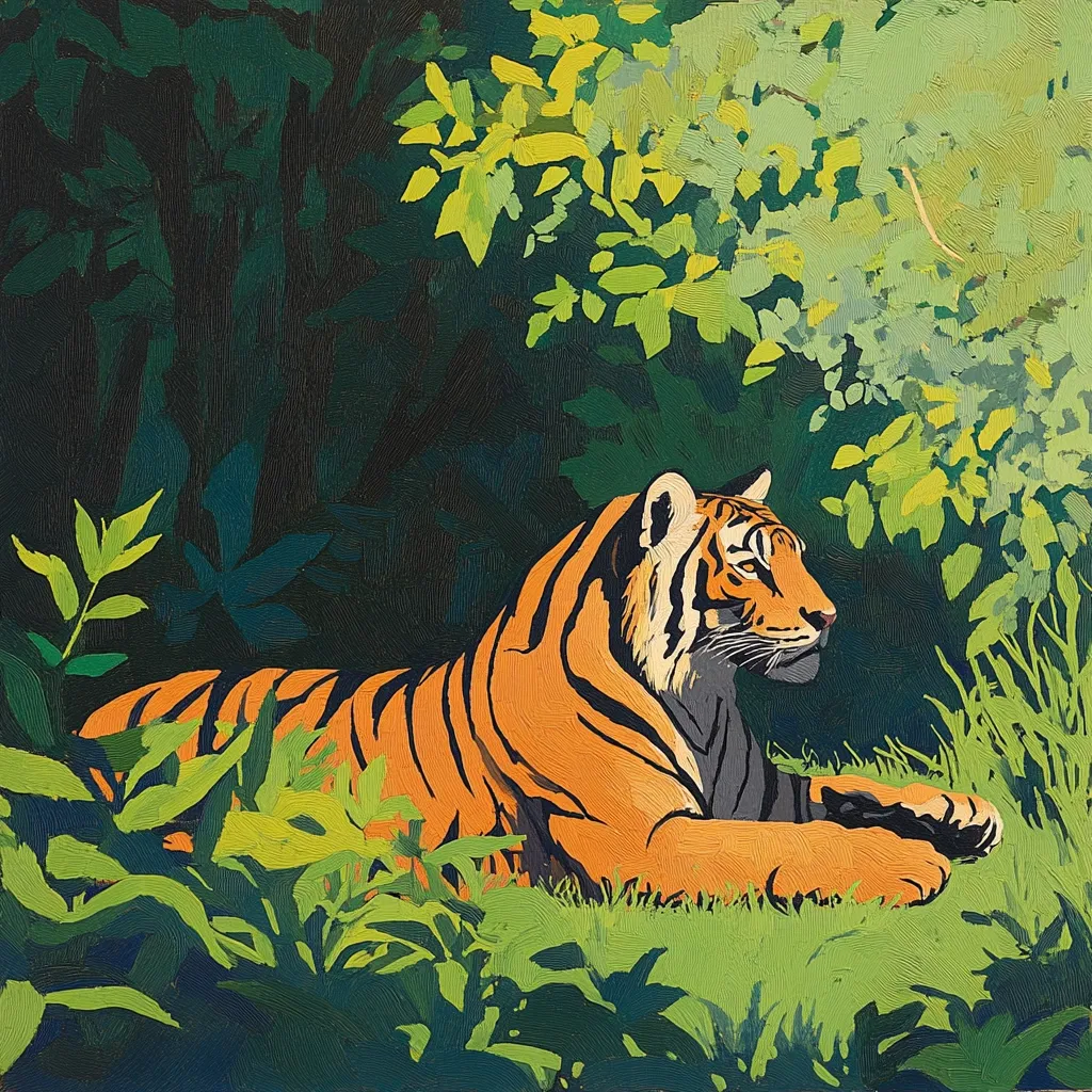 A striking painting depicts a tiger resting amidst lush green foliage.  The tiger, rendered in warm oranges and browns, is centrally positioned, its gaze directed to the right.  The background is a deep, shadowy green, suggesting a dense jungle environment.  The artist utilizes bold brushstrokes and a simplified style, focusing on the contrast between the tiger's vibrant color and the muted greens of its surroundings. The overall effect is one of peaceful yet powerful observation.