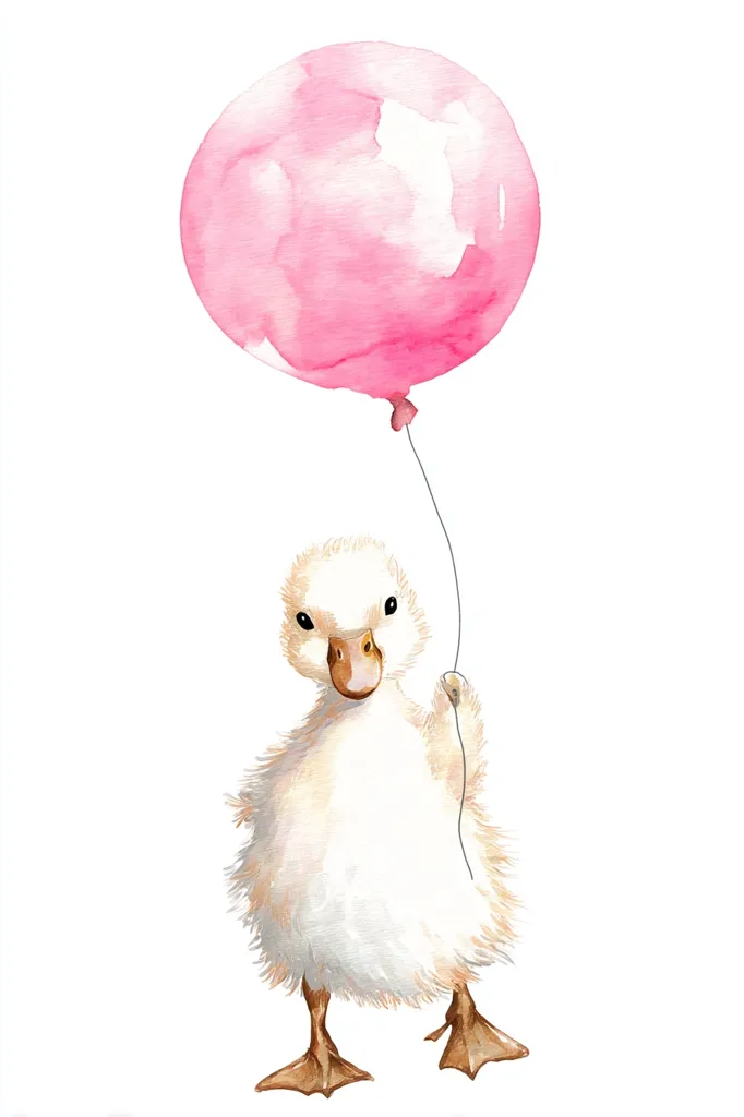 A watercolor painting depicts a fluffy, light yellow duckling holding a pink balloon. The duckling is charmingly rendered with soft, feathery details. Its orange beak and feet add a touch of warmth. The pink balloon is light and airy, with subtle watercolor washes that give it a delicate feel. The overall image is sweet and whimsical, suitable for children's décor.