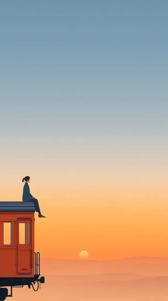 A minimalist illustration depicts a woman sitting atop an orange train car at sunset.  The sky transitions from a pale blue to warm oranges and yellows as the sun descends below a hazy horizon. The woman's silhouette is small against the vast landscape, emphasizing a feeling of solitude and contemplation.  The overall mood is serene and peaceful.