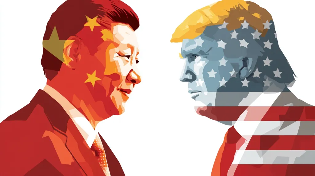 A stylized illustration depicts Xi Jinping and Donald Trump facing each other.  Xi's profile is overlaid with the Chinese flag, while Trump's is superimposed on the American flag.  The contrasting colors and styles highlight the tension and differing ideologies between the two leaders and their nations.  The image's starkness emphasizes the geopolitical significance of their relationship.
