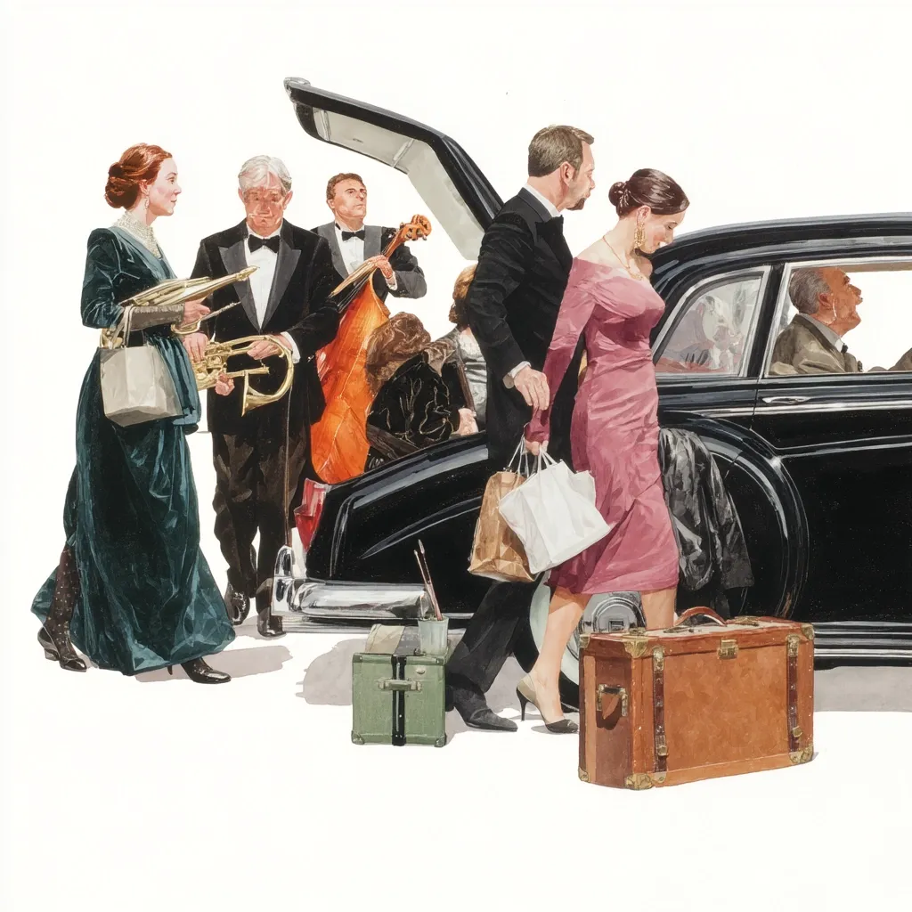 A watercolor painting depicts a stylish group disembarking a vintage car.  Elegantly dressed individuals, including a woman in a teal gown and another in a rose-colored dress, exit the vehicle.  Musicians with instruments, including a cello and a French horn, are also present.  Luggage and shopping bags are being unloaded, suggesting a journey's end.  The scene is rich in detail and conveys a sense of affluence and sophistication.