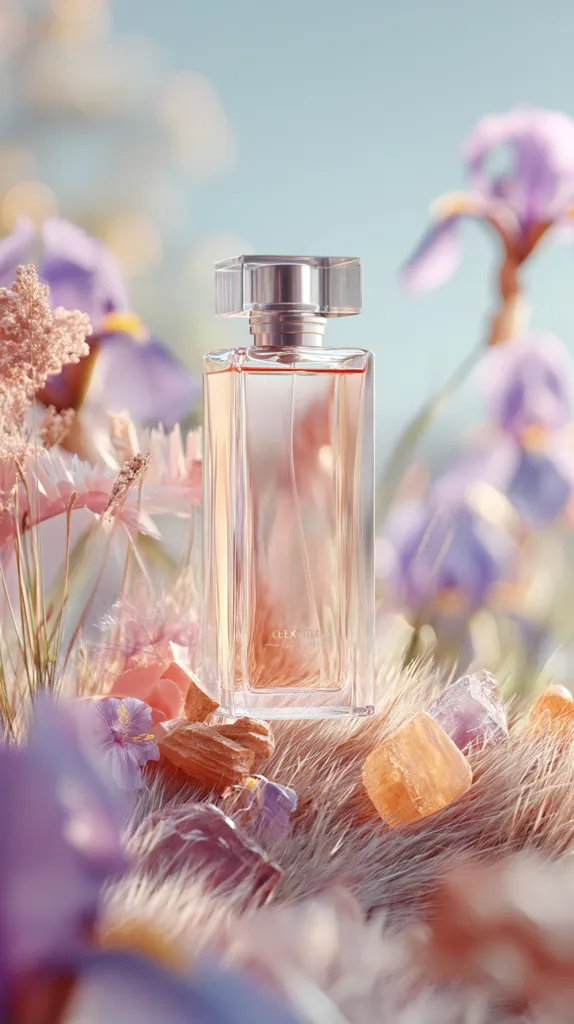 A rectangular bottle of perfume sits nestled amongst soft, pastel-colored flowers and translucent crystals.  The bottle is clear, revealing a light pink liquid inside, and features a silver cap. The overall aesthetic is soft, feminine, and evokes a sense of delicate beauty and fragrance.  The background is blurred, drawing focus to the perfume and its delicate surroundings.