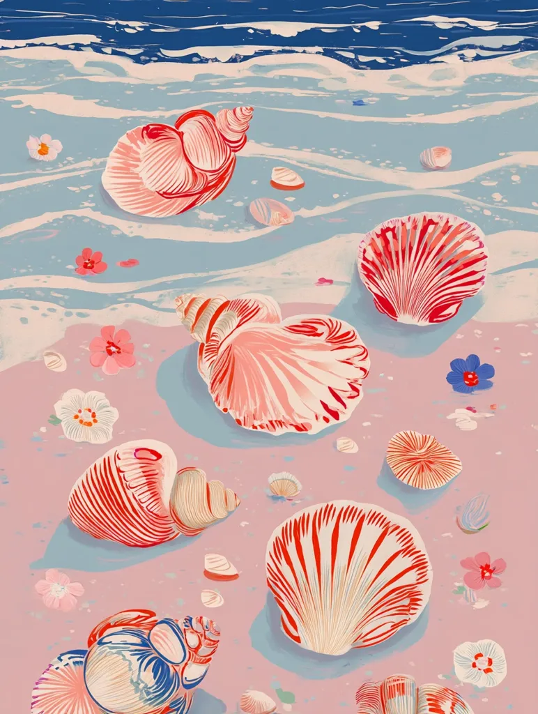 A pink beach scene features numerous seashells scattered across the sand, adorned with delicate flowers.  The shells range in size and color, with vibrant reds and pinks dominating.  Gentle waves lap at the shore in a soft blue, creating a tranquil atmosphere.  The overall style is illustrative, with a focus on detail and color.