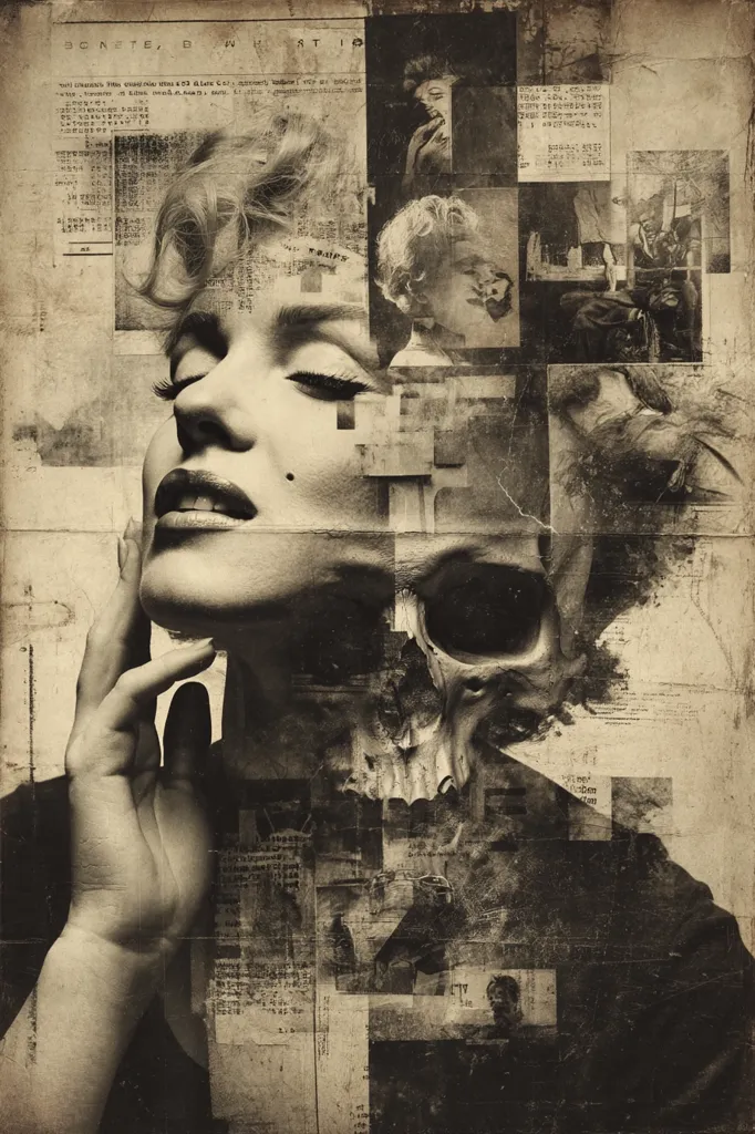 A monochrome collage features Marilyn Monroe's face juxtaposed with a skull, creating a haunting contrast.  Surrounding them are fragments of newspaper clippings and vintage photographs, suggesting themes of mortality and the ephemeral nature of fame. The sepia tones and distressed textures enhance the artwork's melancholic atmosphere, creating a powerful visual narrative.  The overall effect is both beautiful and unsettling.