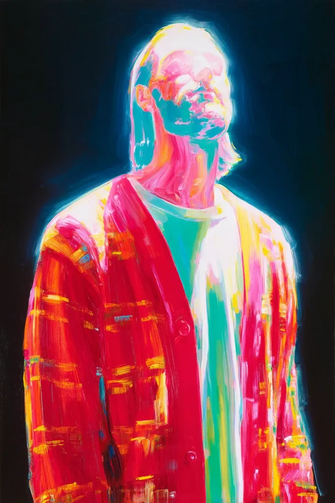 A vibrant, stylized portrait of a person with long hair, wearing a red and yellow plaid cardigan over a white shirt. The painting employs bold, expressive brushstrokes and a vivid color palette, with the subject bathed in a glowing light against a dark background. The style is reminiscent of contemporary portraiture, showcasing a dynamic interplay of color and form.  The artist uses a highly saturated, almost neon, palette to create a striking visual effect.
