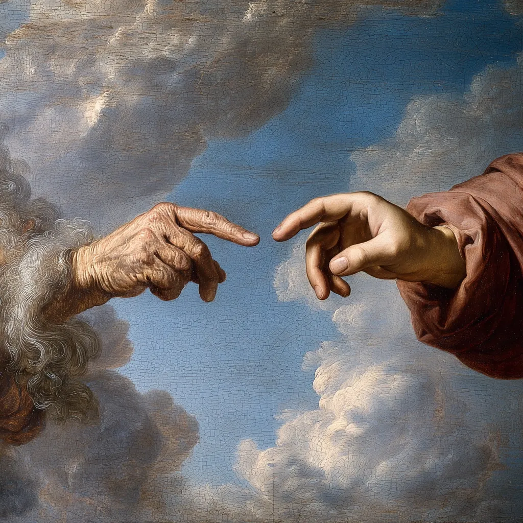 A detail from a Baroque painting depicts two hands reaching towards each other against a cloudy sky.  One hand is aged and wrinkled, the other younger and smoother.  The hands nearly touch, fingers extended, suggesting a divine connection or the act of creation. The style is characterized by dramatic light and shadow, emphasizing the spiritual interaction.  The cracked paint adds to the painting's age and texture.