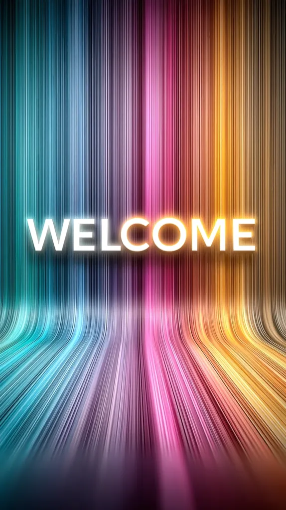 A vibrant abstract background features vertical streaks of color, transitioning from cool blues and purples to warm pinks and oranges.  The word "WELCOME" is prominently displayed in a bright, glowing white font at the center. The colored streaks curve gently towards the bottom, creating a sense of depth and movement. The overall effect is dynamic and welcoming.