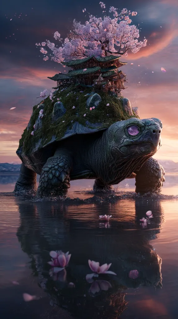 A giant tortoise carries a miniature, moss-covered temple topped with a blossoming cherry tree.  The serene scene unfolds at sunset, reflecting in calm water dotted with pink flowers.  The tortoise's shell is textured and dark, contrasting with the vibrant pink blossoms and soft light.  The image evokes a sense of mystical tranquility and wonder.