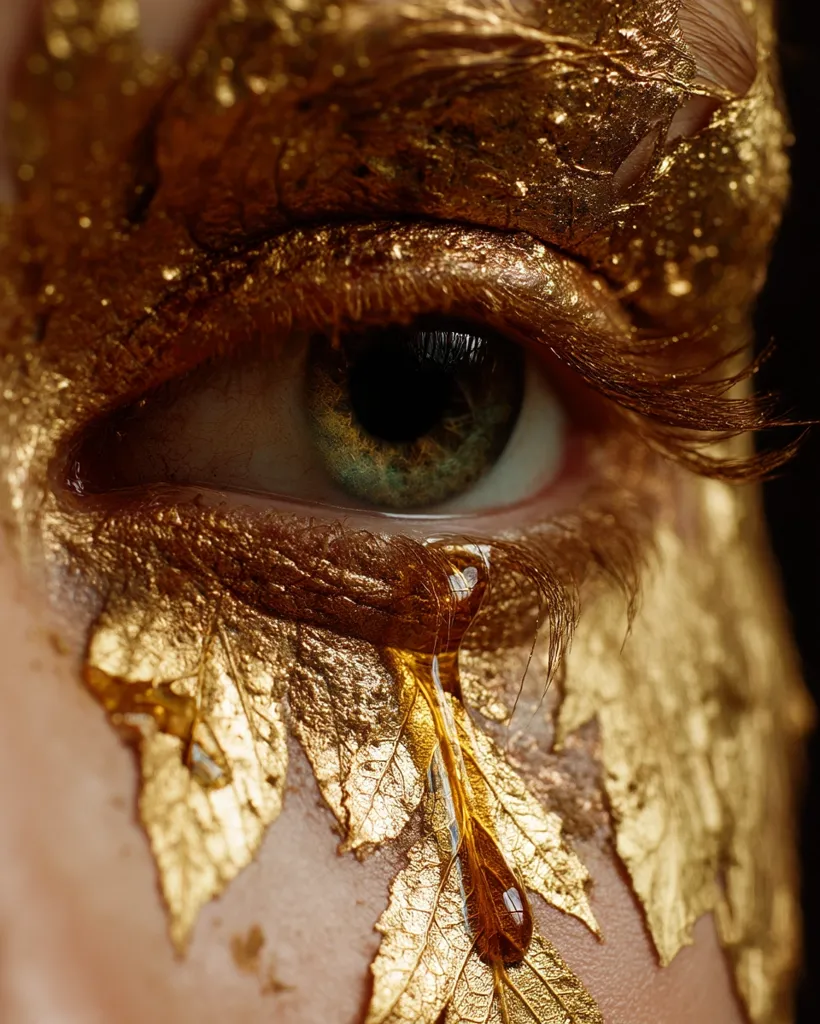 A close-up shot reveals a person's eye adorned with gold leaf makeup.  A single tear, or possibly honey, drips down the cheek, following the delicate veins of a gold leaf positioned beneath the eye. The image is highly detailed, emphasizing the texture of the gold and the contrast with the skin's tone.  The overall effect is one of opulent beauty and subtle drama.