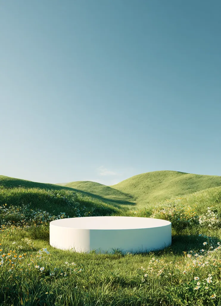 A pristine white cylindrical platform sits in a vibrant meadow.  Rolling green hills stretch into the distance under a clear, bright blue sky.  Wildflowers bloom around the base of the platform, creating a serene and idyllic natural setting. The scene is peaceful and evokes a sense of tranquility.