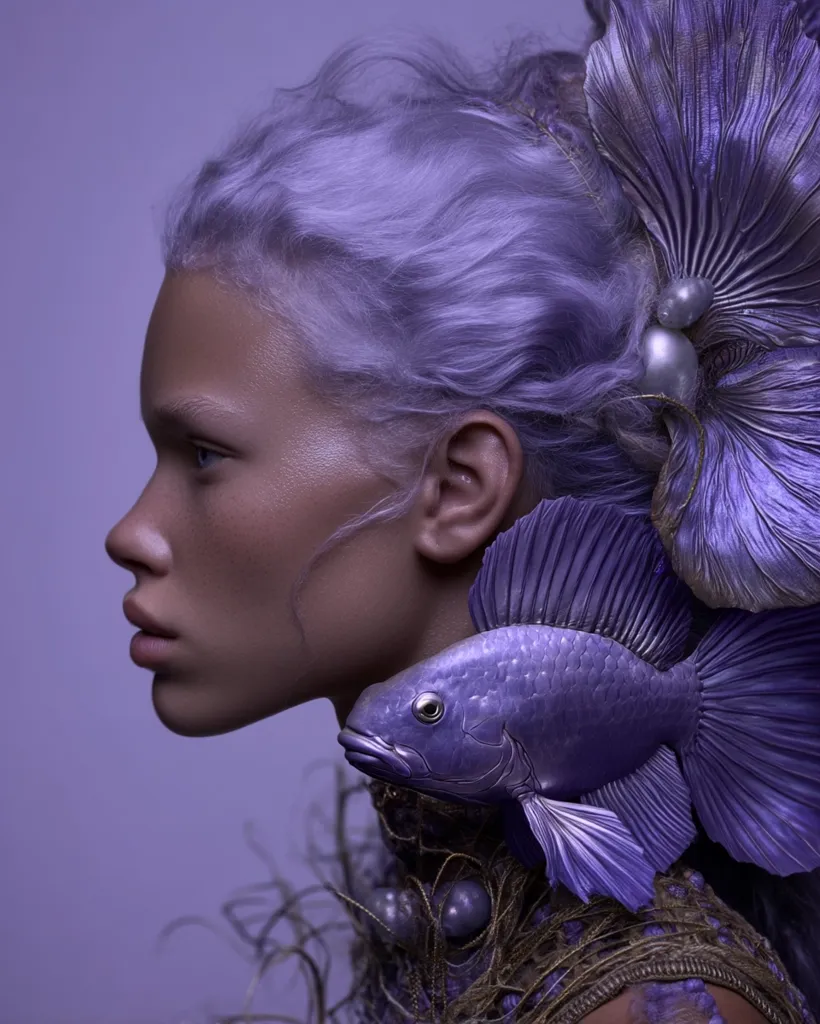 A profile view of a woman with lavender hair styled up, adorned with a pearl and metallic floral headpiece.  A purple fish, seemingly sculpted, rests on her neck, which is encircled by a textured, ornate collar. The overall aesthetic is ethereal and otherworldly, with a monochromatic purple palette creating a dreamy atmosphere.