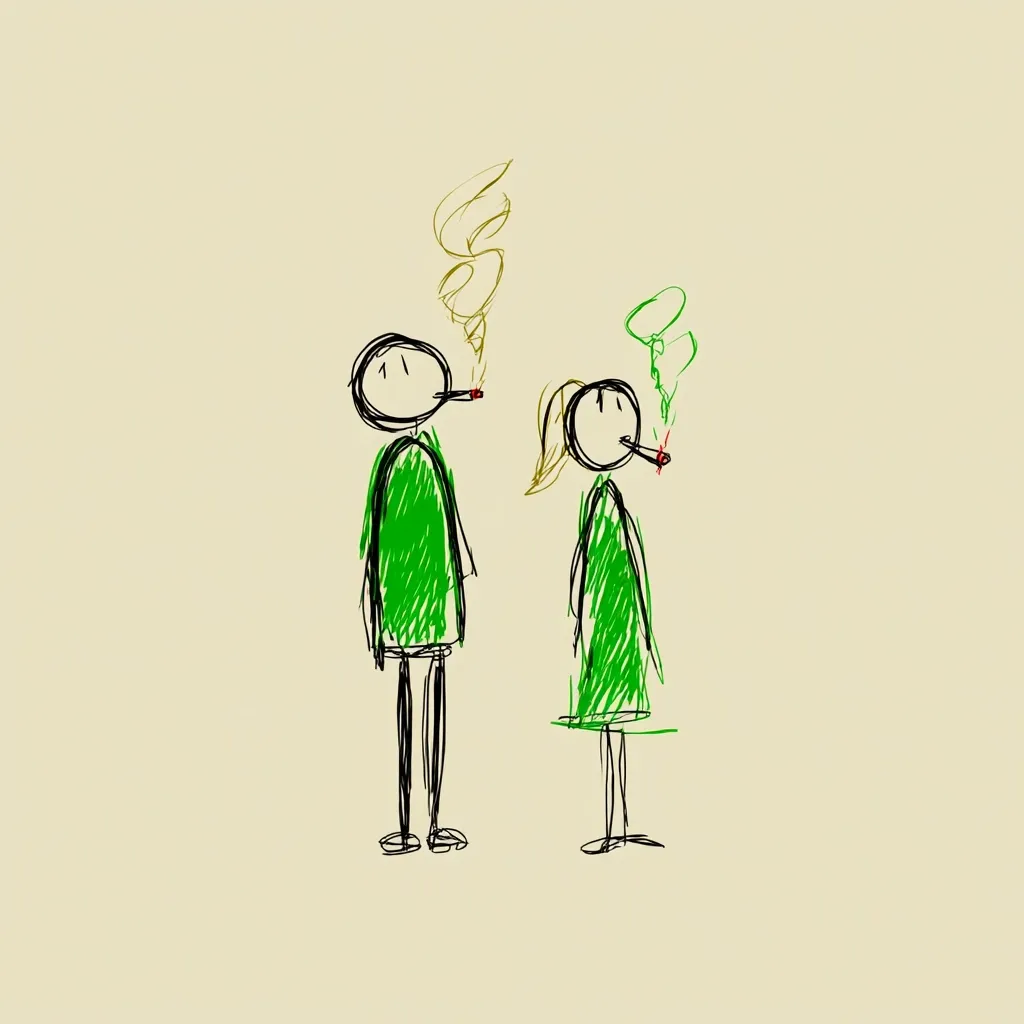 A childlike drawing depicts a boy and girl, both wearing green dresses, smoking cigarettes.  Simple lines and stick figures are used.  Smoke curls upward from their cigarettes, one yellow, the other green. The image suggests a simplistic, possibly naive, representation of smoking.