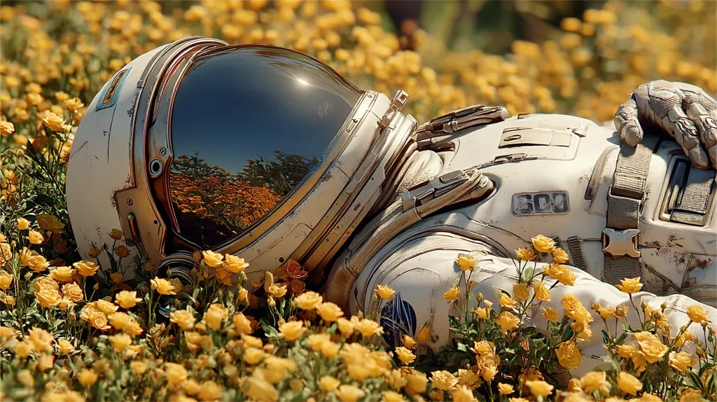 A weathered astronaut, lying peacefully amidst a field of vibrant yellow wildflowers.  The astronaut's helmet reflects a clear sky and trees, creating a stark contrast between the vastness of space and the delicate beauty of nature. The scene evokes a sense of serenity and perhaps the end of a long journey.  The worn spacesuit suggests a tale of exploration and adventure.