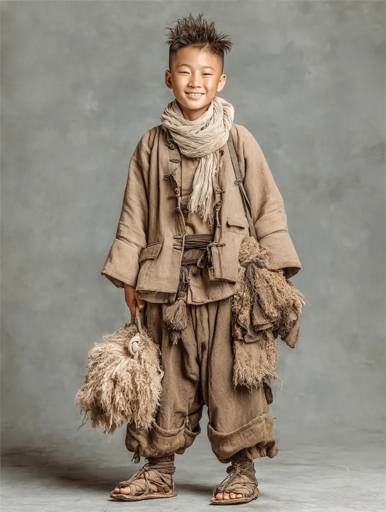 A young boy smiles warmly, dressed in rustic, earth-toned clothing.  His outfit includes a loose-fitting, long-sleeved jacket and baggy pants, all in a muted beige. He wears a beige scarf and simple sandals.  He carries bundles of what appears to be dried plant material or fiber. The overall style evokes a historical or nomadic aesthetic.
