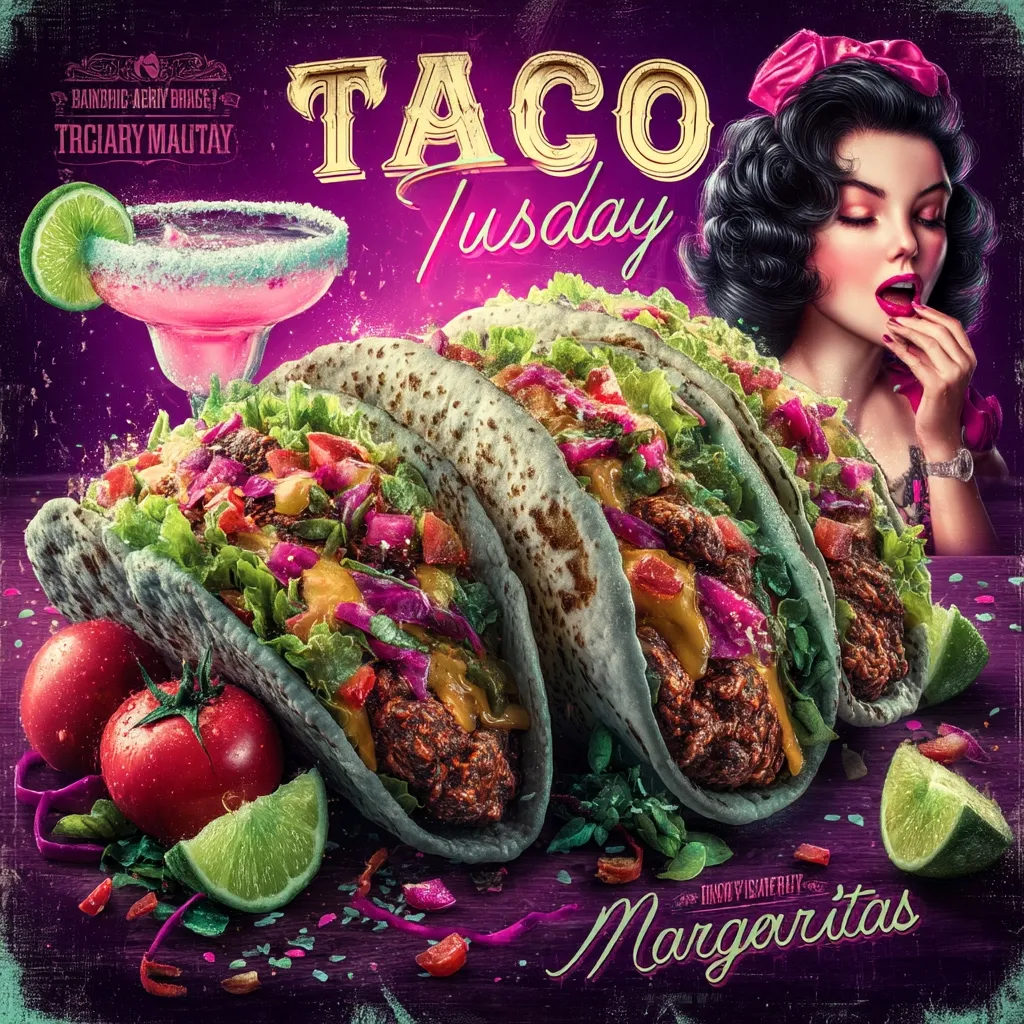 A vibrant advertisement for "Taco Tuesday" features three generously filled tacos, accompanied by a pink margarita.  A stylized pin-up girl adds a touch of vintage glamour.  The tacos are overflowing with lettuce, red cabbage, cheese, and a savory filling.  Tomatoes and lime wedges complete the scene, set against a dark purple background with decorative text and sprinkles.