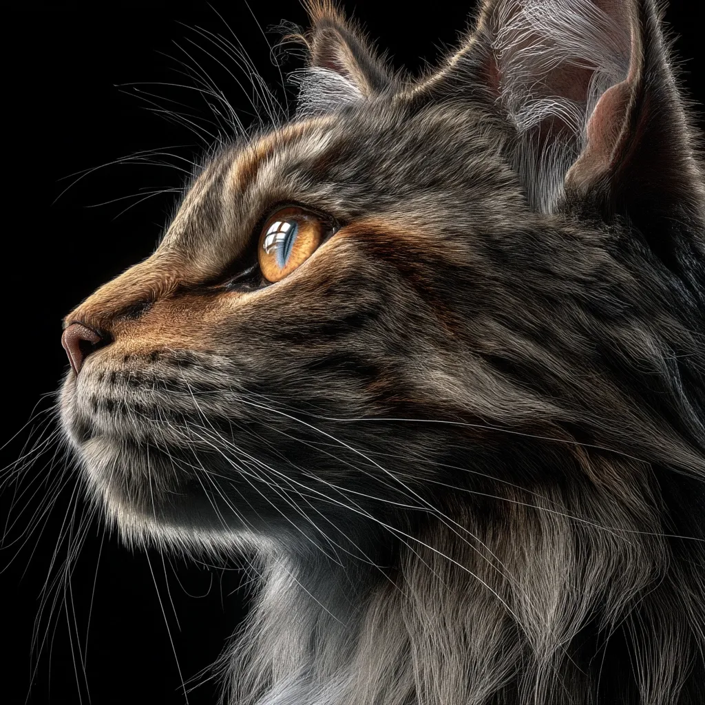 A close-up profile of a Maine Coon cat, its fur a blend of gray, brown, and black.  The cat's amber eyes are striking against the dark background, and its long whiskers extend outward. The image emphasizes the texture and depth of the cat's fur, creating a dramatic and captivating portrait.