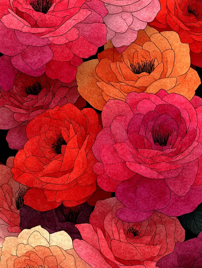 A vibrant close-up showcases a dense cluster of stylized roses in varying shades of red, pink, and orange.  The roses, rendered with a textured, almost watercolor effect, overlap and create a rich, layered composition.  Dark outlines define each petal, enhancing the floral detail against the dark background.  The overall impression is one of abundant, intense color and floral richness.