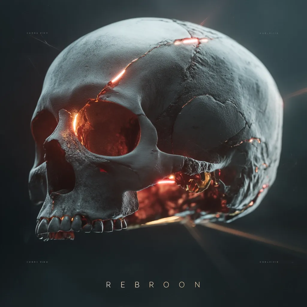 A detailed 3D rendering of a human skull, cracked and emitting an internal orange glow.  The cracks are illuminated, suggesting rebirth or renewal.  The skull is dark gray, textured, and rests against a dark background. The word "REBROON" is displayed below, hinting at the theme of regeneration. The image has a moody, artistic, and slightly macabre feel.