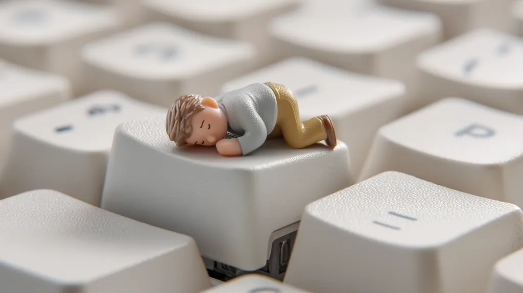 A miniature figurine of a person is asleep on a computer keyboard key.  The figure is dressed in light grey and beige clothing and is lying face down, suggesting exhaustion or burnout. The keyboard is white with slightly blurred keys in the background, emphasizing the small scale of the figure and the focus on the sleeping individual.  The image subtly conveys the concept of overwork and needing a rest.