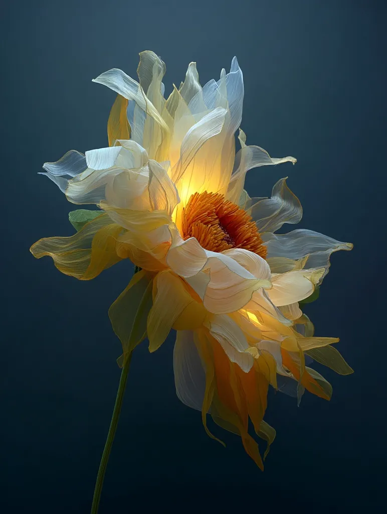 A luminous, ethereal flower, crafted from delicate, translucent petals in shades of pale yellow and white, is illuminated from within.  The petals, seemingly made of fabric or paper,  radiate a soft, warm glow, creating a magical and enchanting effect against a deep blue background. The single stem adds to the delicate and graceful composition.