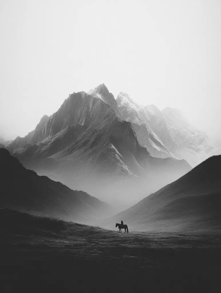 A lone rider on horseback traverses a vast, misty landscape.  Rolling hills stretch out before a majestic mountain range, its peaks shrouded in a light fog.  The monochrome palette emphasizes the stark beauty and solitude of the scene, creating a feeling of quiet contemplation.  The image is a study in contrasts—the small figure against the immense scale of nature.