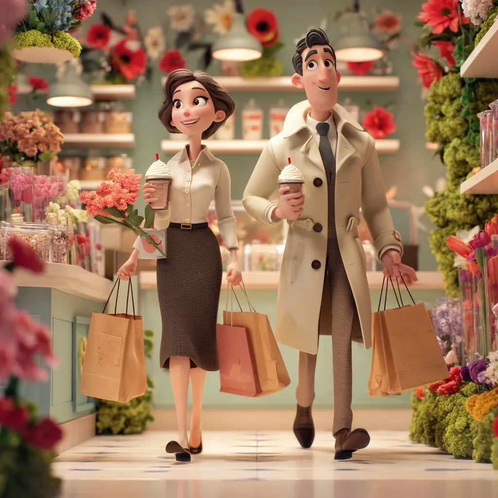 A stylish cartoon couple strolls through a charming flower shop, each carrying shopping bags and frothy coffee drinks.  The woman wears a sophisticated brown skirt and blouse, while the man sports a beige trench coat and carries his drink with a suave demeanor. Vibrant flowers and soft lighting create a romantic atmosphere within the shop's floral displays.