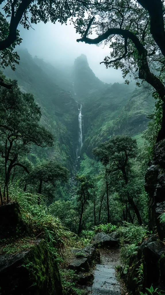 A misty, verdant valley reveals a waterfall cascading down a steep, moss-covered cliff. Lush greenery blankets the landscape, with large trees framing the view from a stone pathway.  The scene is shrouded in a soft, ethereal mist, creating a tranquil and mysterious atmosphere.  The path winds downwards towards the base of the waterfall, inviting exploration into the heart of the wilderness.