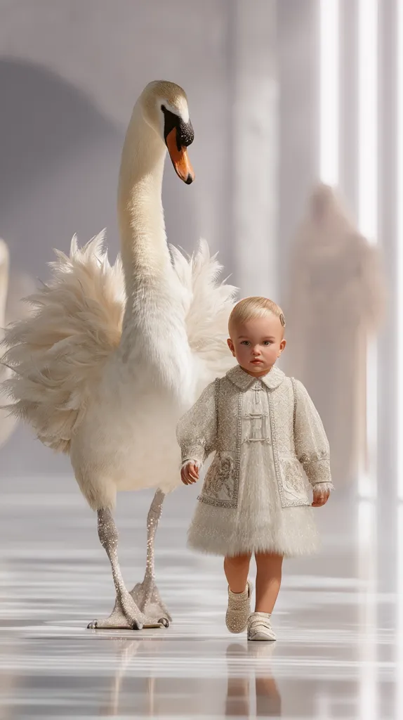 A toddler in a luxurious, cream-colored coat walks alongside a large, elegant swan.  The swan's legs appear adorned with sparkling embellishments. Both the child and the swan are immaculately dressed, creating a whimsical, fairytale-like scene in a bright, minimalist setting. The image suggests a fashion shoot or a fantasy photograph.